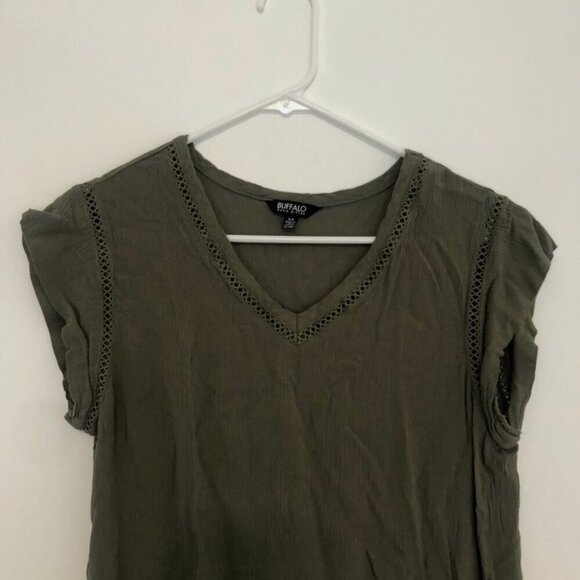 BUFFALO DAVID BITTON V-Neck Short Cap Sleeve Top Solid Olive Green Boho Small S - Picture 5 of 14